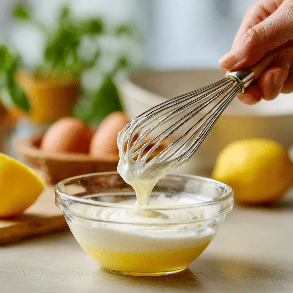 The Best Creamy Lemon Herb Pasta You'll Ever Make 18 Whisking hot cream into lemon juice in a glass bowl
