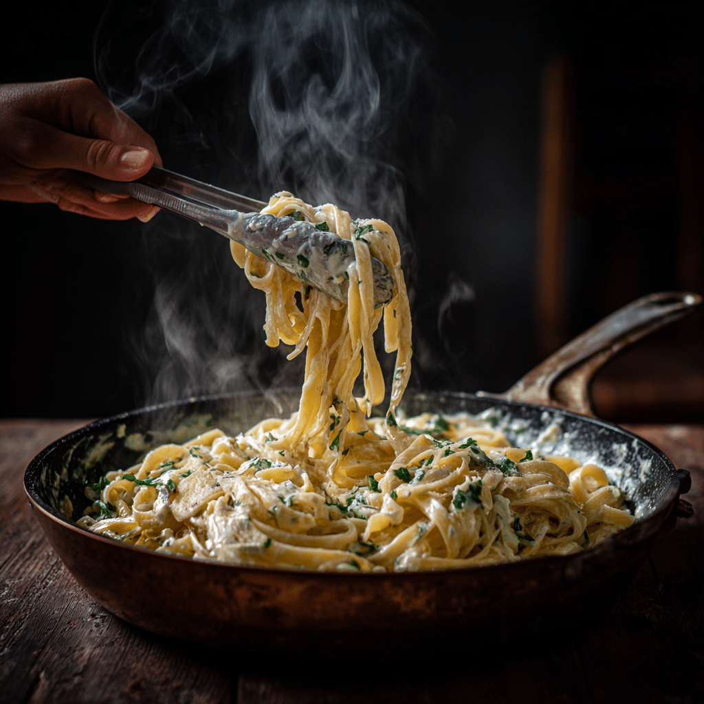 The Best Creamy Lemon Herb Pasta You'll Ever Make 20 Fettuccine being tossed in creamy herb sauce with tongs