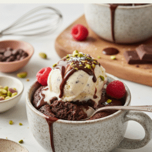 5 Quick Sweet Treats Using Chocolate 3 Fudgy 1-minute chocolate mug brownie with vanilla ice cream and chocolate sauce
