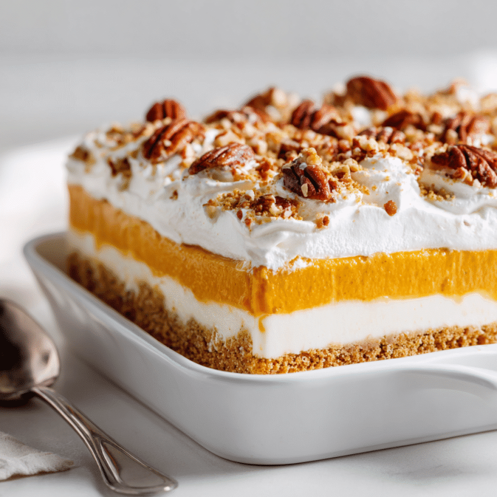 Decadent Pumpkin Lush Recipe: Your Ultimate No-Bake Fall Dessert 2 A close-up shot of a layered pumpkin lush dessert in a white baking dish, with creamy layers, pumpkin filling, Cool Whip topping, and chopped pecans on top, shown in soft daylight