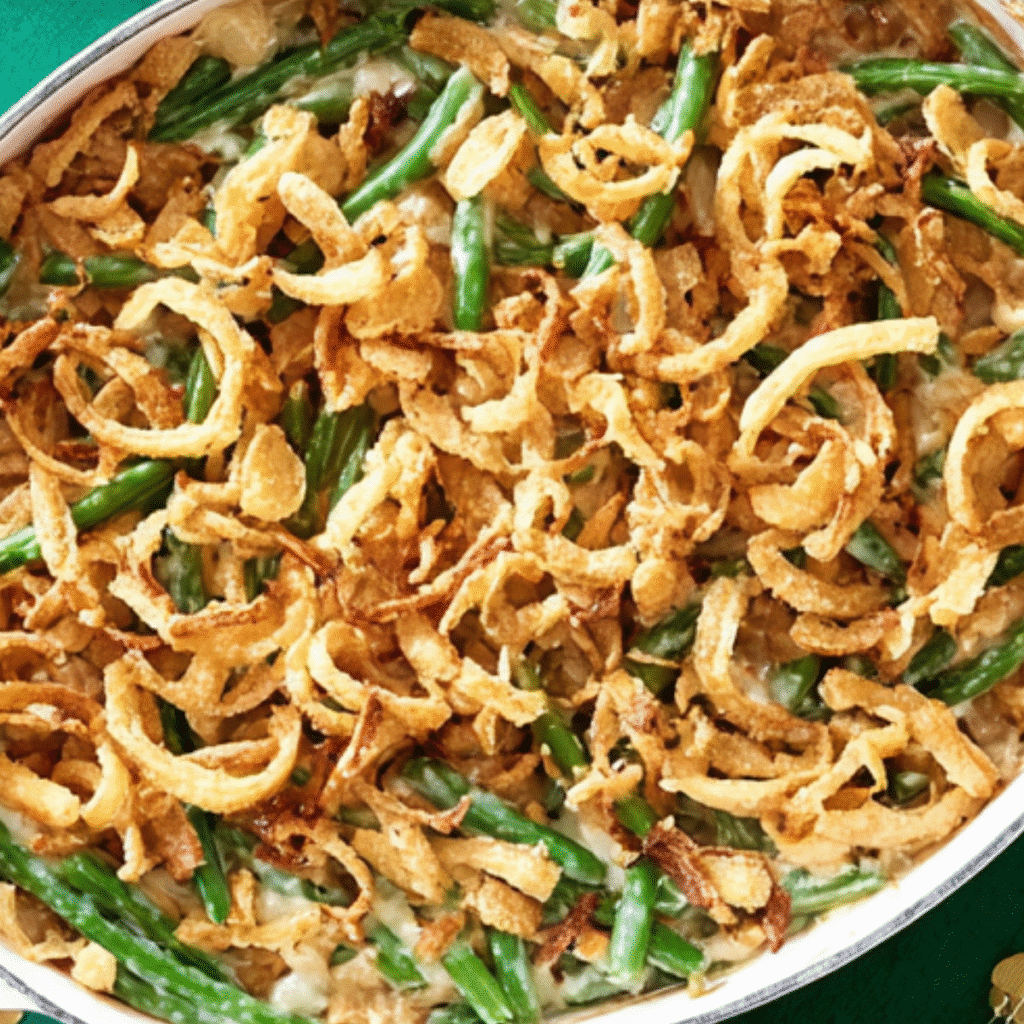 The Best Keto Green Bean Casserole Recipe 1 Overhead view of a festive holiday table featuring a creamy keto green bean casserole with a crispy golden-brown topping, surrounded by elegant place settings.