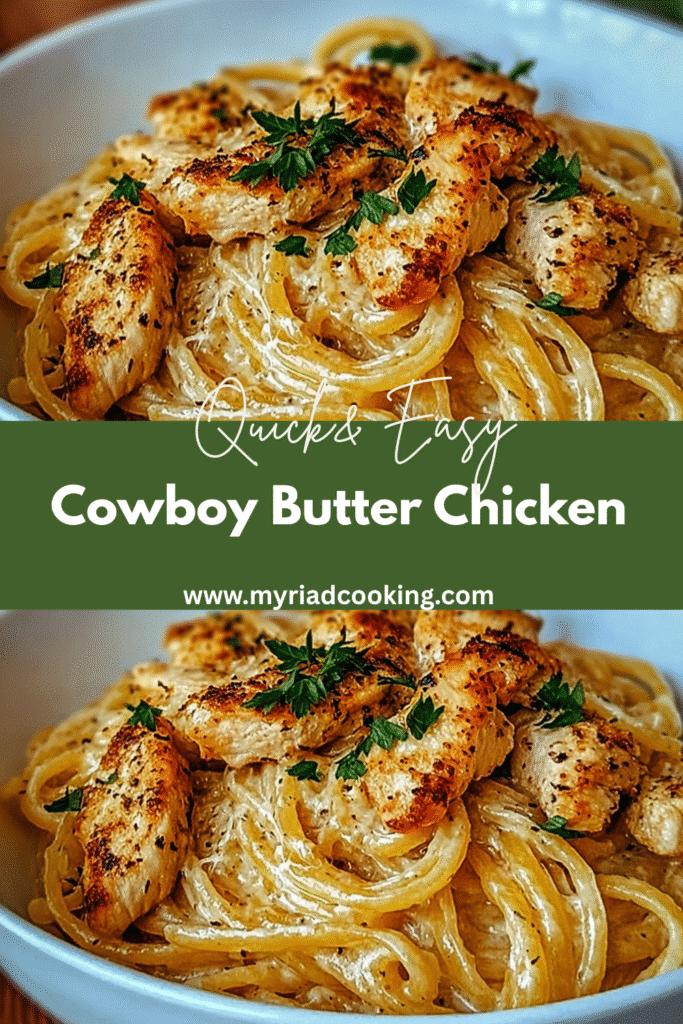 Easy Cowboy Butter Chicken Recipe (Fast and Flavorful) 9 Pinterest graphic for quick and easy cowboy butter chicken pasta with creamy garlic herb sauce
