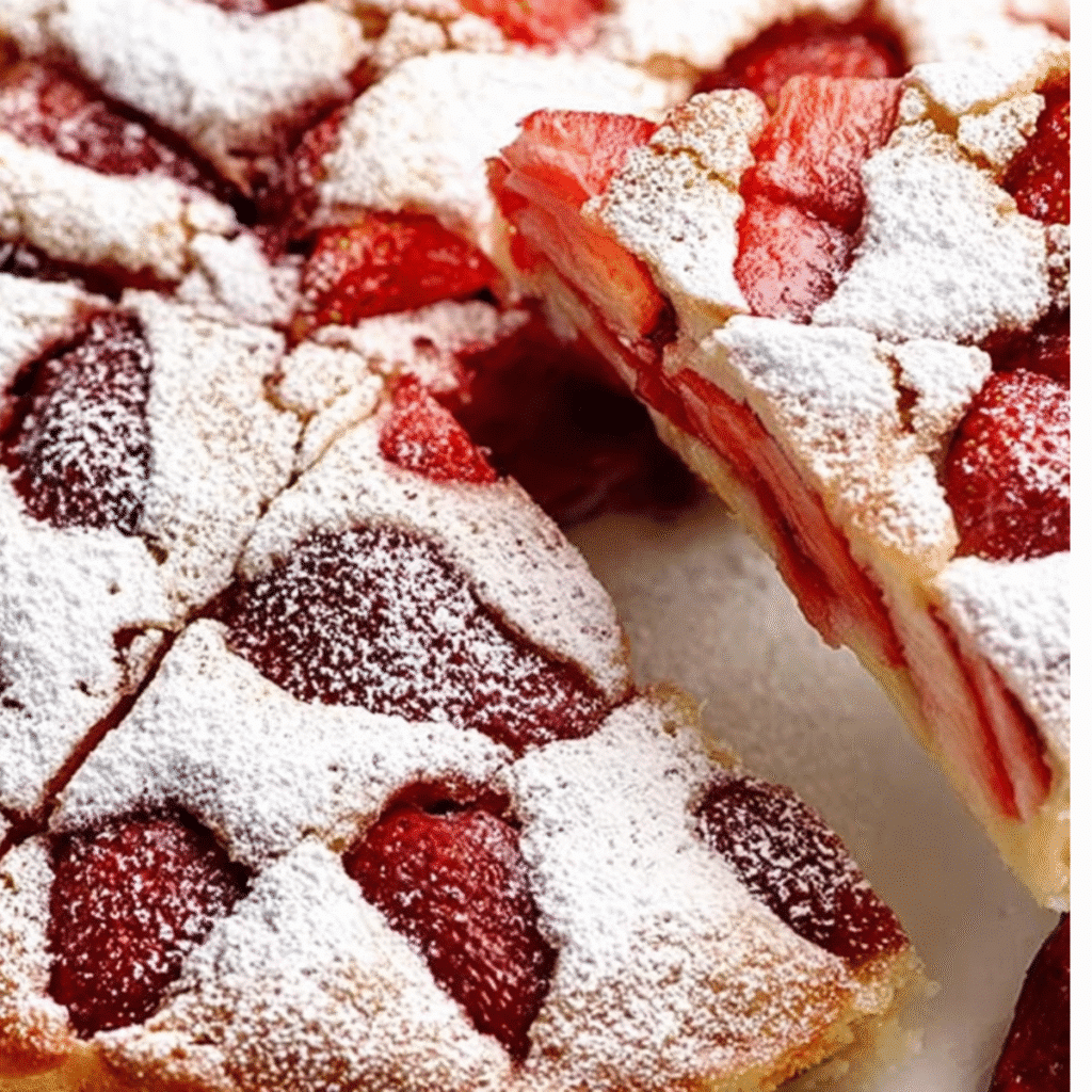Easy Strawberry Cake Recipe: Bursting with Fresh Flavor 1 A slice of freshly baked strawberry cake, generously dusted with powdered sugar and garnished with fresh strawberries, showcasing the perfect result of a strawberry cake recipe.