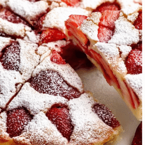 Easy Strawberry Cake Recipe: Bursting with Fresh Flavor 2 A slice of freshly baked strawberry cake, generously dusted with powdered sugar and garnished with fresh strawberries, showcasing the perfect result of a strawberry cake recipe.