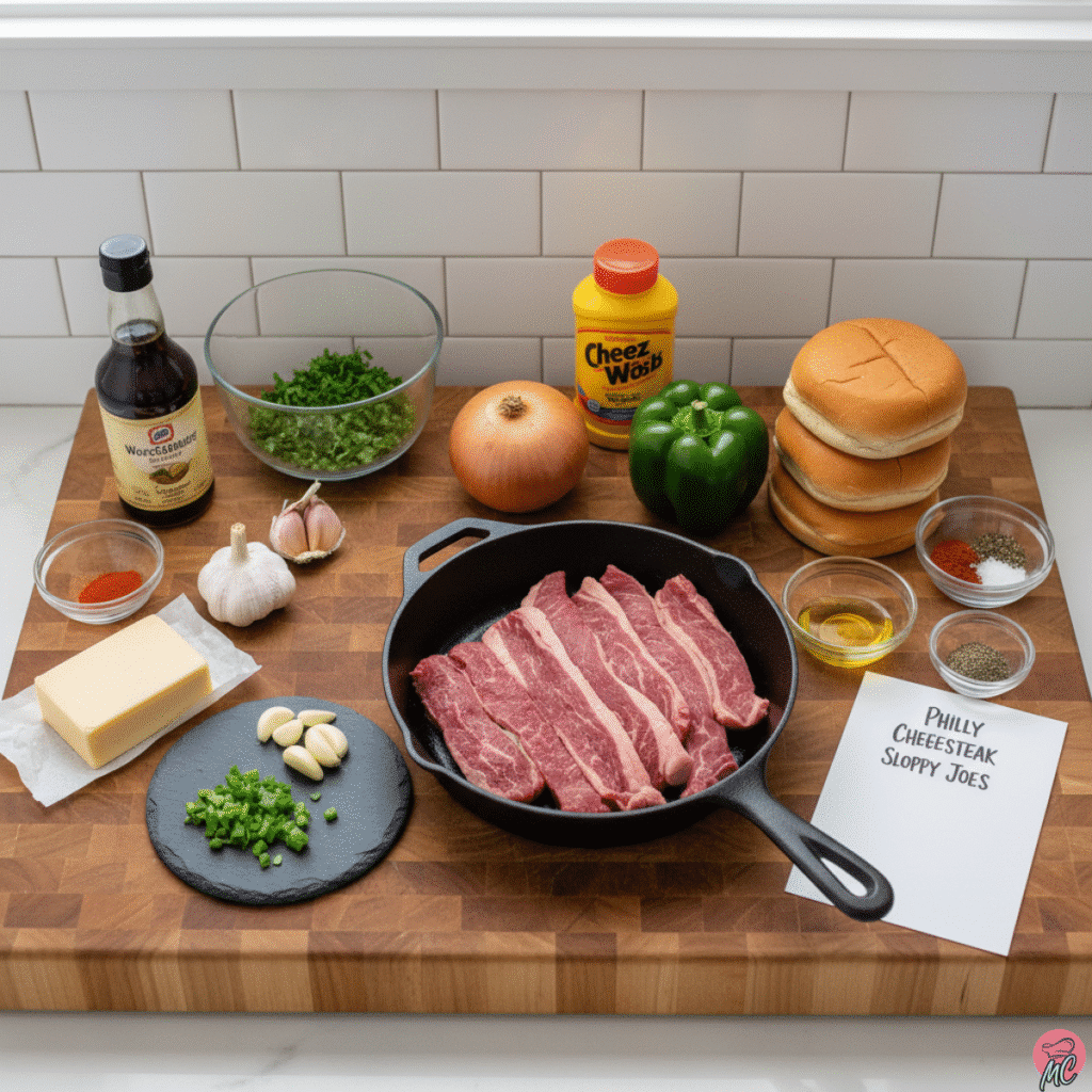 Irresistible Philly Cheesesteak Sloppy Joes Recipe 2 Ingredients for Philly Cheesesteak Sloppy Joes including beef, buns, cheese, garlic, onion, bell pepper, and Worcestershire sauce