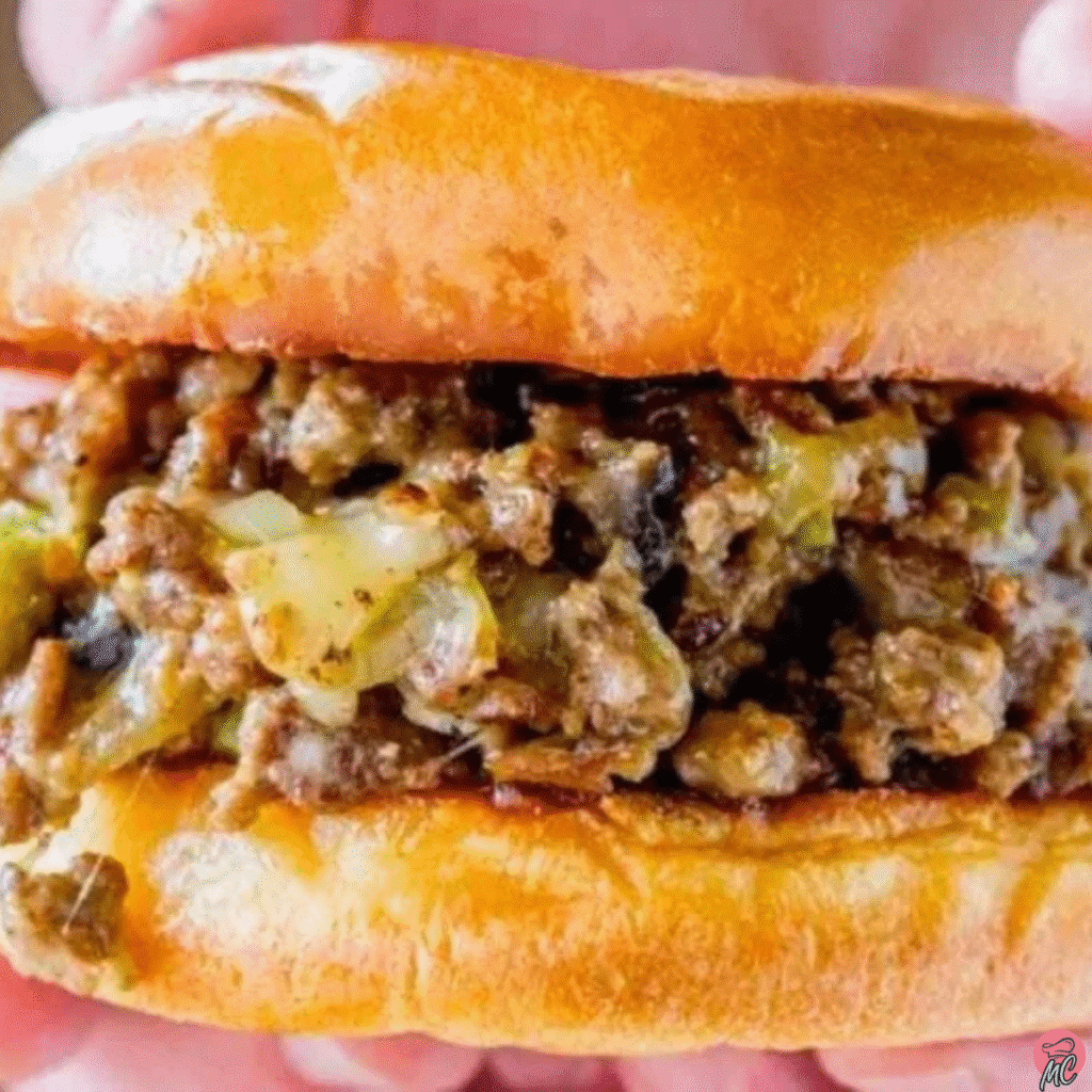 Irresistible Philly Cheesesteak Sloppy Joes Recipe 1 Philly Cheesesteak Sloppy Joe held in hand with cheesy ground beef and peppers