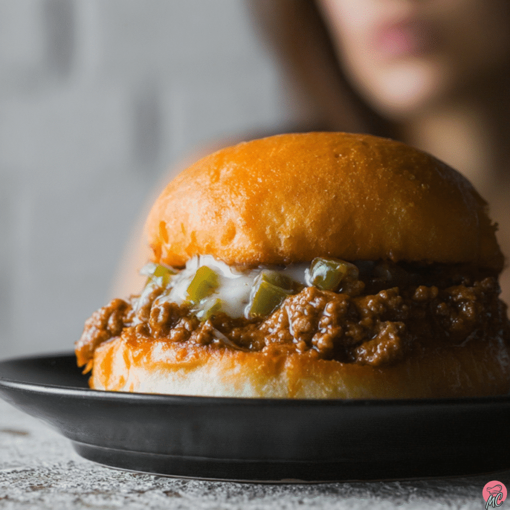 Irresistible Philly Cheesesteak Sloppy Joes Recipe 5 Close-up of Philly Cheesesteak Sloppy Joe with melted cheese and green peppers on a toasted bun