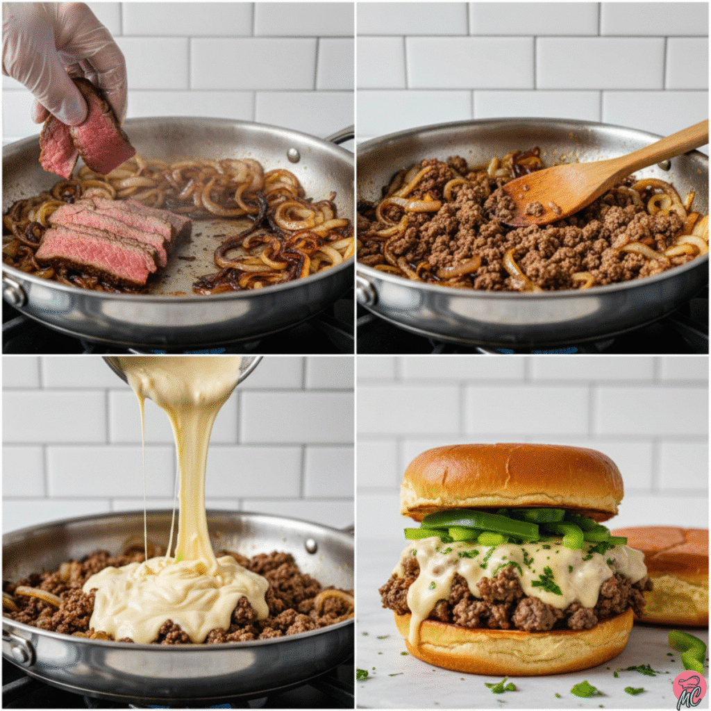 Irresistible Philly Cheesesteak Sloppy Joes Recipe 4 Cooking process and finished Philly Cheesesteak Sloppy Joe with melted cheese and peppers