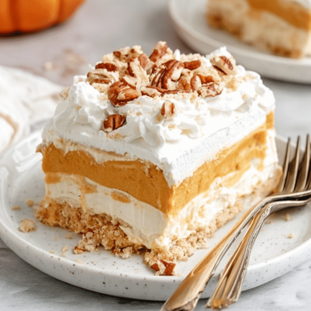 Homemade Pumpkin Bagel Recipe 1 Beautifully layered pumpkin dessert with whipped topping and pecans, offering another delicious way to enjoy pumpkin beyond a classic pumpkin bagel recipe.