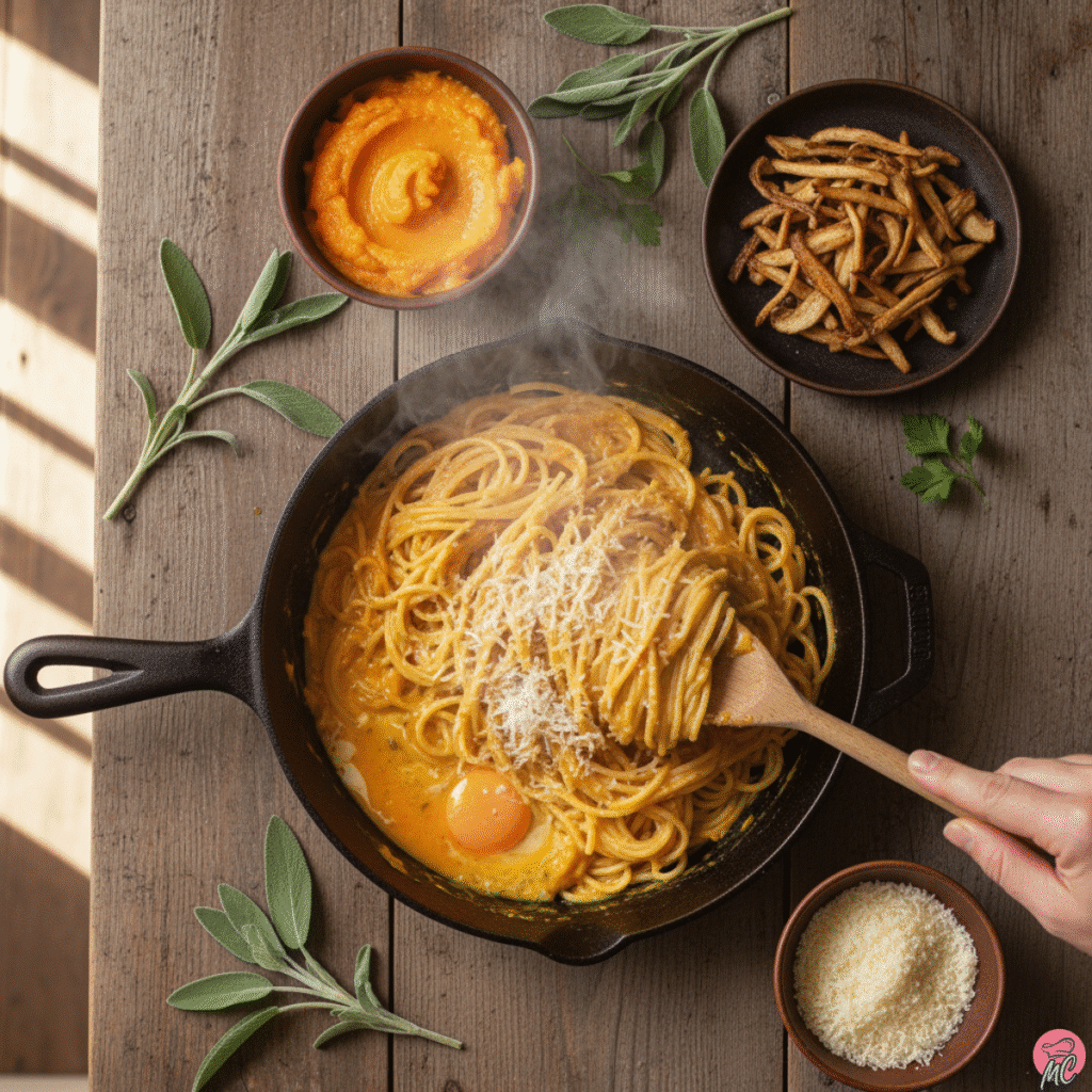 Pumpkin Carbonara Pasta: Creamy, Cozy, and Surprisingly Simple 7 Step-by-step process of making Pumpkin Carbonara Pasta with spaghetti, pumpkin sauce, and toppings