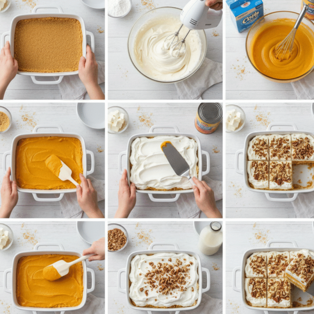 Decadent Pumpkin Lush Recipe: Your Ultimate No-Bake Fall Dessert 1 Collage showing six steps for making a layered pumpkin lush dessert, including pressing graham cracker crust, mixing creamy fillings, layering pumpkin pudding, spreading Cool Whip topping, adding nuts, and neatly sliced finished dessert