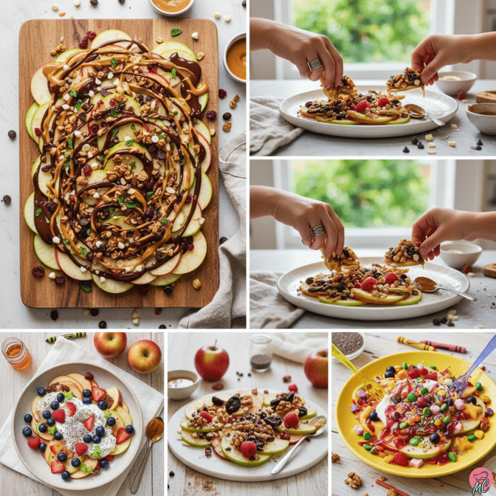 The Healthier Apple Nachos Recipe Kids Love to Make 3 Apple nachos with a variety of toppings including peanut butter, granola, berries, yogurt, and chocolate chips