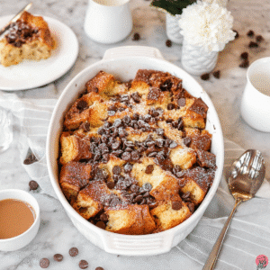 Quick & Easy Chocolate Chip Bread Pudding Recipe (No Fuss!) 1 chocolate chip bread pudding easy recipe baked with melted chocolate chips