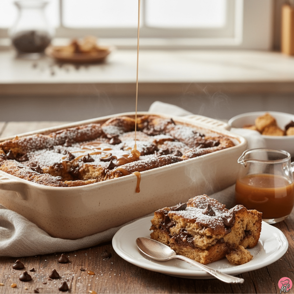 chocolate chip bread pudding easy recipe served warm