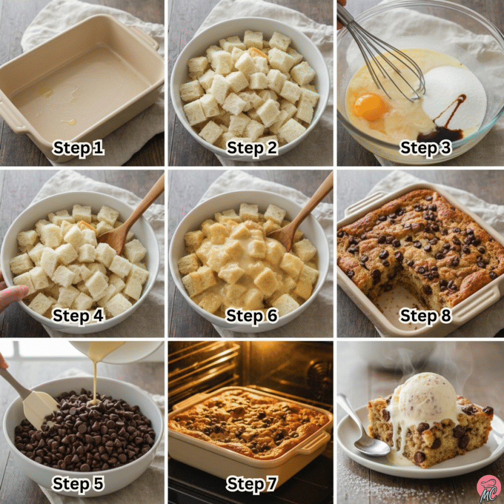 Quick & Easy Chocolate Chip Bread Pudding Recipe (No Fuss!) 10 step-by-step chocolate chip bread pudding easy recipe process