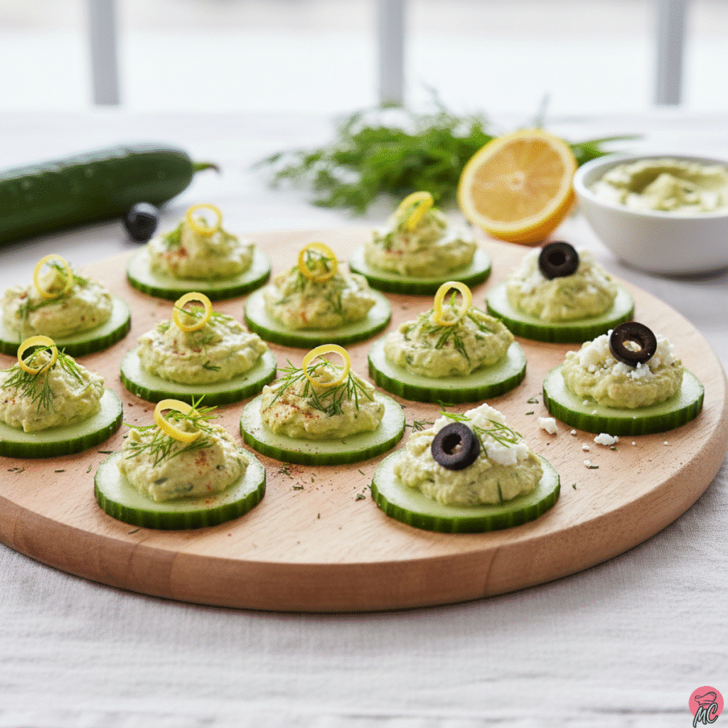 Lemon-Dill Cucumber Hummus Bites: A Refreshing & Healthy Snack Idea 3 cucumber hummus bites served on a wooden platter with lemon and dill