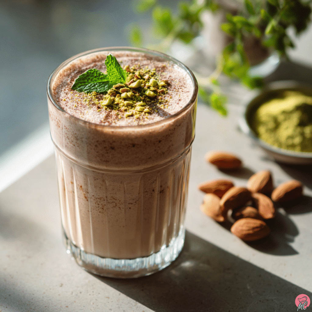 Dubai Chocolate Milkshake: A Creamy, Crunchy Delight 4 Healthy Dubai chocolate milkshake with almond milk and pistachios