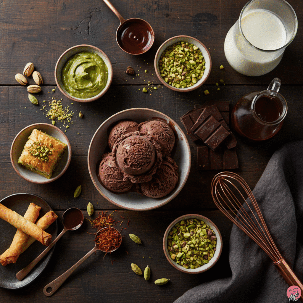 Dubai Chocolate Milkshake: A Creamy, Crunchy Delight 1 Flat lay of Dubai chocolate milkshake ingredients including chocolate ice cream, pistachios, milk, cardamom, saffron, baklava, and chocolate syrup