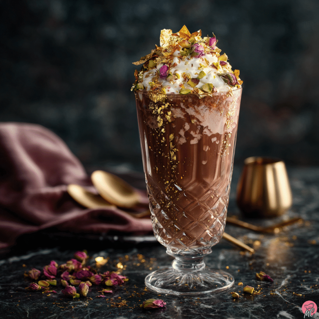 Dubai Chocolate Milkshake: A Creamy, Crunchy Delight 3 Luxurious Dubai-style chocolate milkshake with gold leaf and rose petals