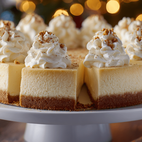 Festive Eggnog Cheesecake Recipe 1 Thick slices of eggnog cheesecake with a graham cracker crust and tall swirls of whipped cream topped with nutmeg, displayed on a white cake stand with warm holiday lights in the background.