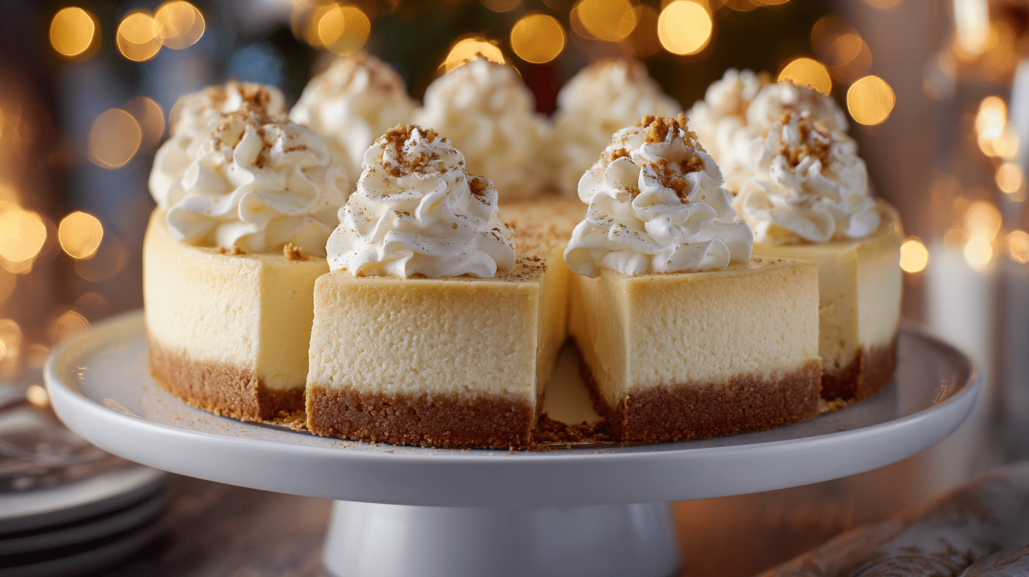 Thick slices of eggnog cheesecake with a graham cracker crust and tall swirls of whipped cream topped with nutmeg, displayed on a white cake stand with warm holiday lights in the background.