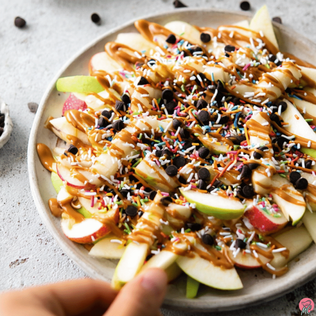 The Healthier Apple Nachos Recipe Kids Love to Make 4 Plate of apple nachos drizzled with peanut butter and topped with chocolate chips, coconut, and colorful sprinkles