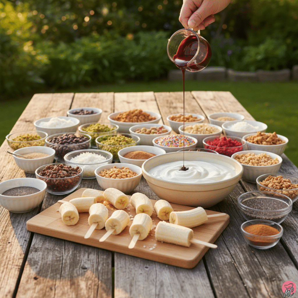 The Best Healthy Frozen Yogurt Banana Pops Recipe for Summer 6 Frozen yogurt banana pops ingredients with toppings and yogurt on a rustic table