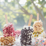 The Best Healthy Frozen Yogurt Banana Pops Recipe for Summer 5 Frozen yogurt banana pops with colorful toppings including chocolate chips, pistachios, and freeze-dried berries