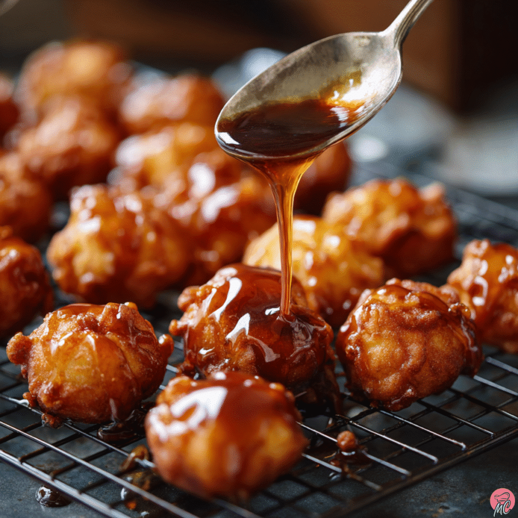 Cinnamon Glazed Apple Fritter Bites You'll Love 6 Cinnamon glaze being drizzled on warm fritter bites