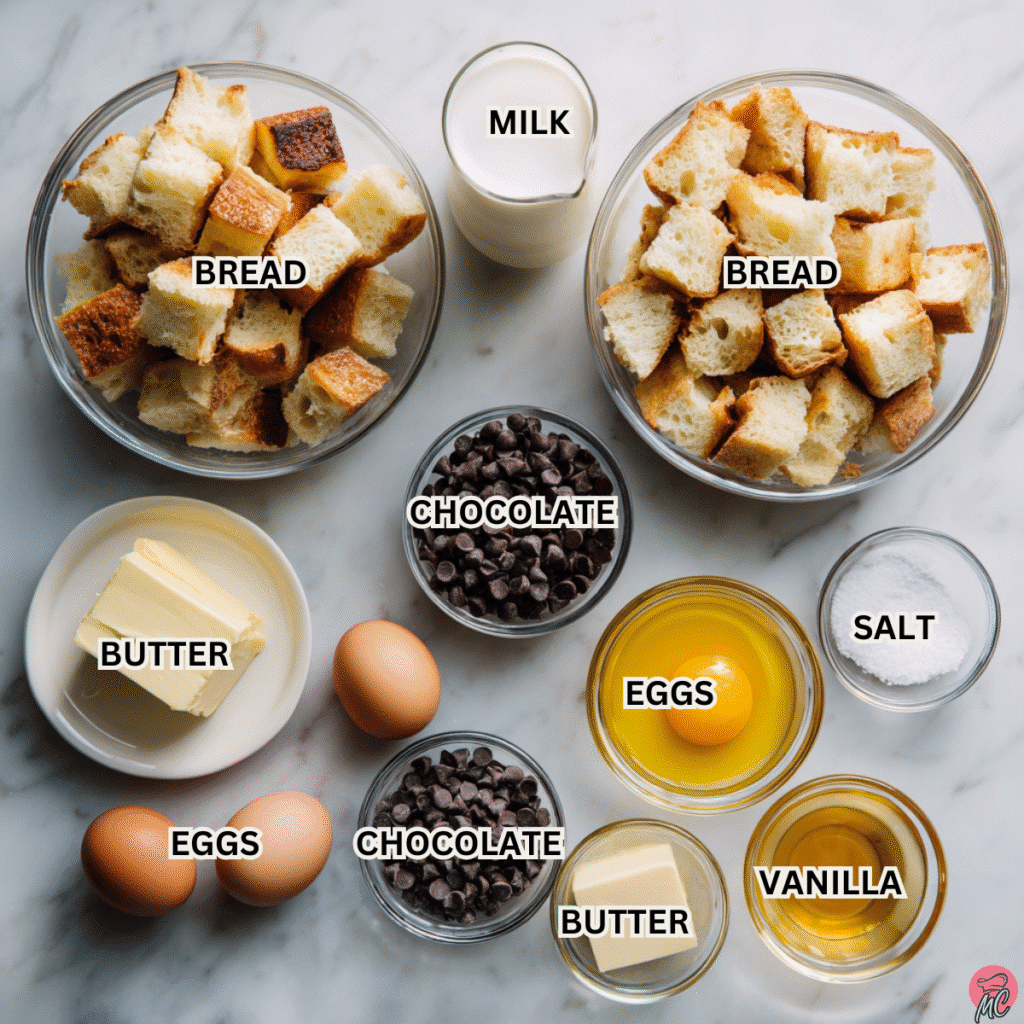 Quick & Easy Chocolate Chip Bread Pudding Recipe (No Fuss!) 9 chocolate chip bread pudding ingredients laid out