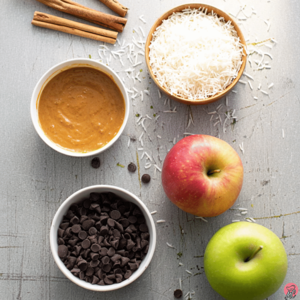 The Healthier Apple Nachos Recipe Kids Love to Make 1 Ingredients for apple nachos including apples, peanut butter, chocolate chips, shredded coconut, and cinnamon sticks