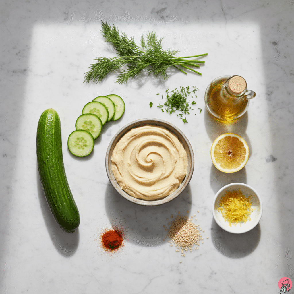 Lemon-Dill Cucumber Hummus Bites: A Refreshing & Healthy Snack Idea 1 flat lay of ingredients for lemon dill cucumber hummus bites