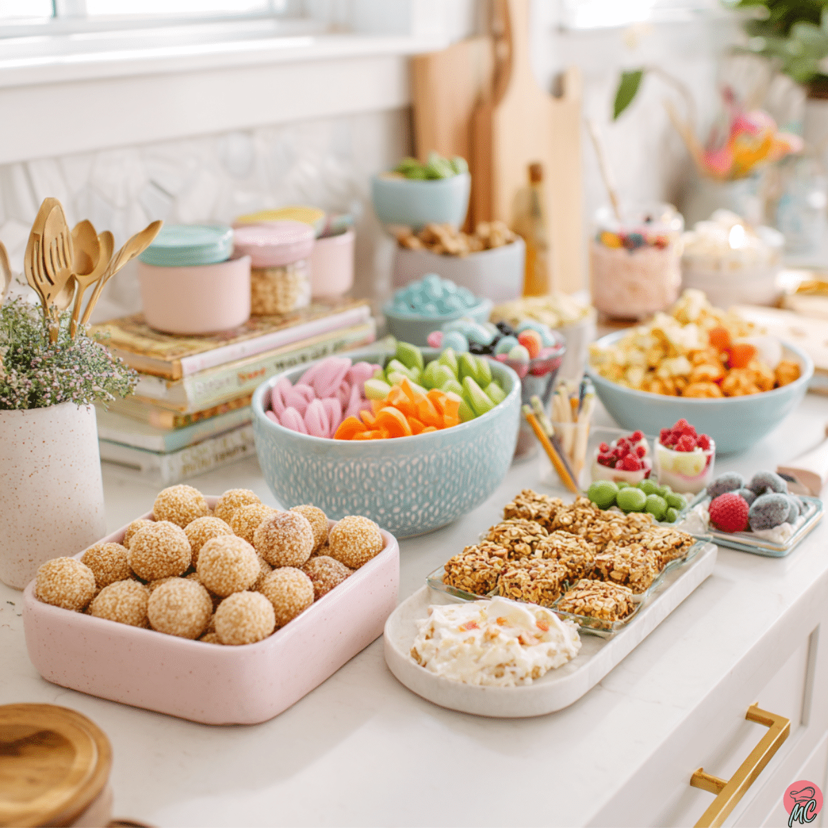 no bake easy snacks for kids on colorful kitchen counter