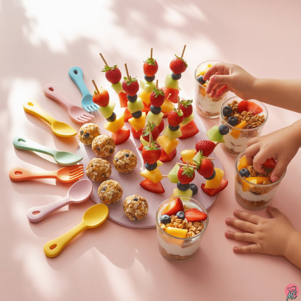 25+ No Bake Easy Snacks for Kids That Parents Will Love Too 1 kids reaching for yogurt parfaits and no bake fruit skewers on pastel table