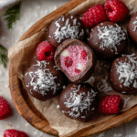 Irresistible Raspberry Coconut Chocolate Bites Recipe (Vegan) 9 Finished raspberry coconut chocolate bites with vibrant filling