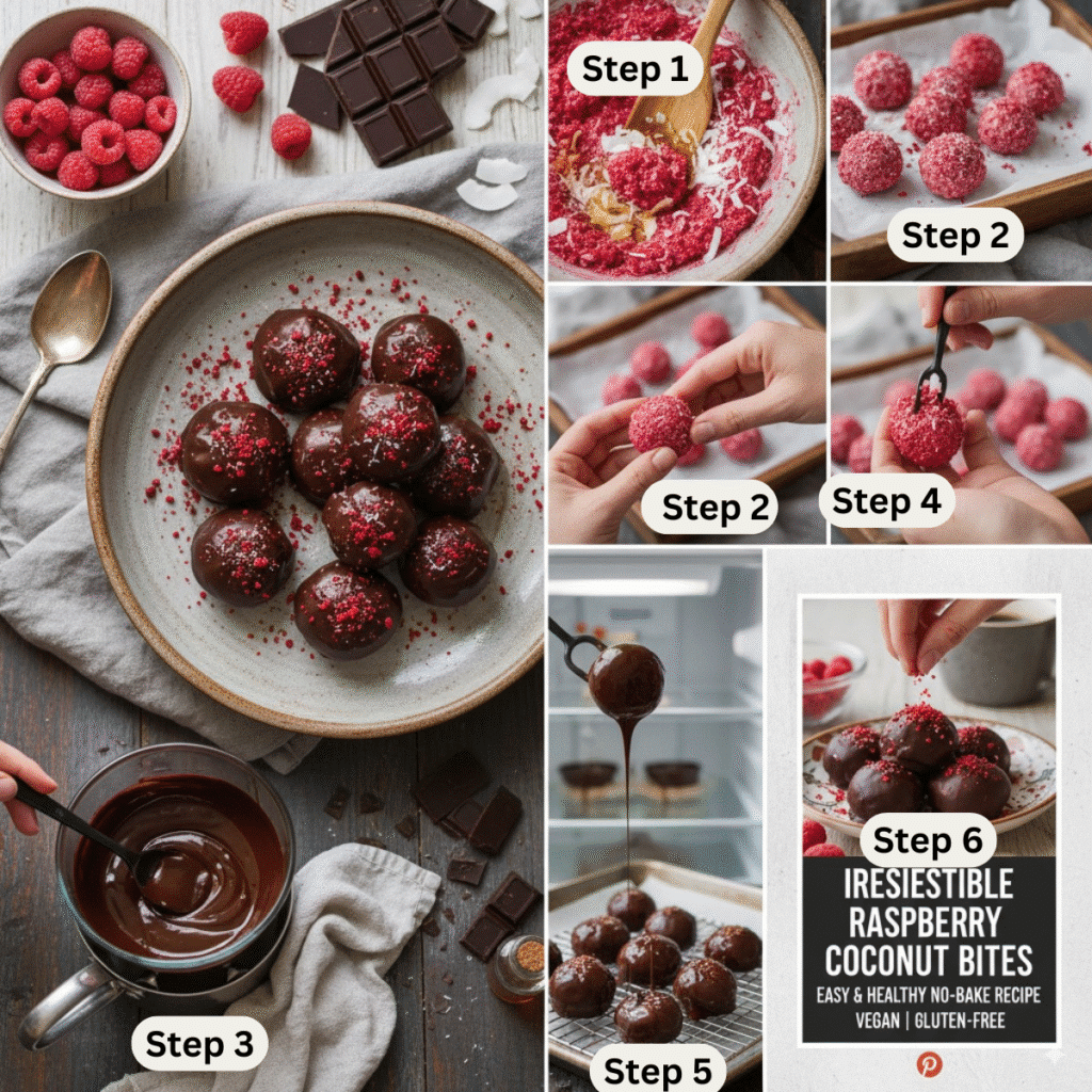 Irresistible Raspberry Coconut Chocolate Bites Recipe (Vegan) 10 raspberry coconut bites step by step labeled 1