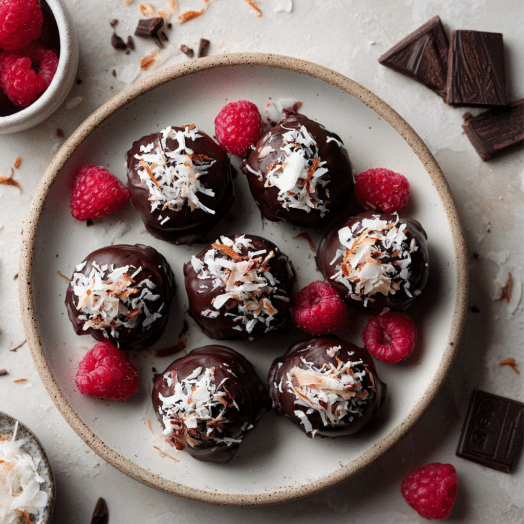 Irresistible Raspberry Coconut Chocolate Bites Recipe (Vegan) 8 Raspberry coconut chocolate bites recipe with dark chocolate coating