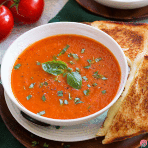 creamy roasted tomato basil soup with basil garnish and grilled cheese