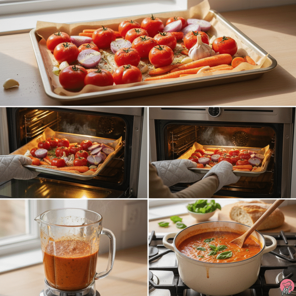 Best Creamy Roasted Tomato Basil Soup (Easy, Vegan Adaptable) 10 step-by-step visuals for making creamy roasted tomato basil soup