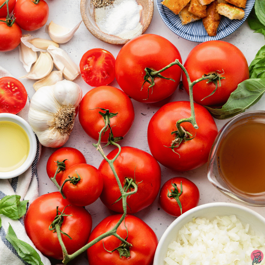 Best Creamy Roasted Tomato Basil Soup (Easy, Vegan Adaptable) 9 fresh ingredients for roasted tomato basil soup including tomatoes, basil, garlic, and broth