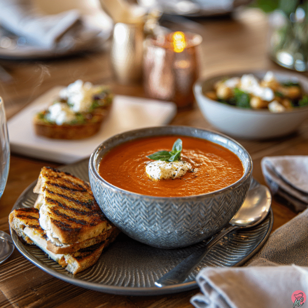 Best Creamy Roasted Tomato Basil Soup (Easy, Vegan Adaptable) 11 tomato basil soup served with goat cheese toast and chickpea salad