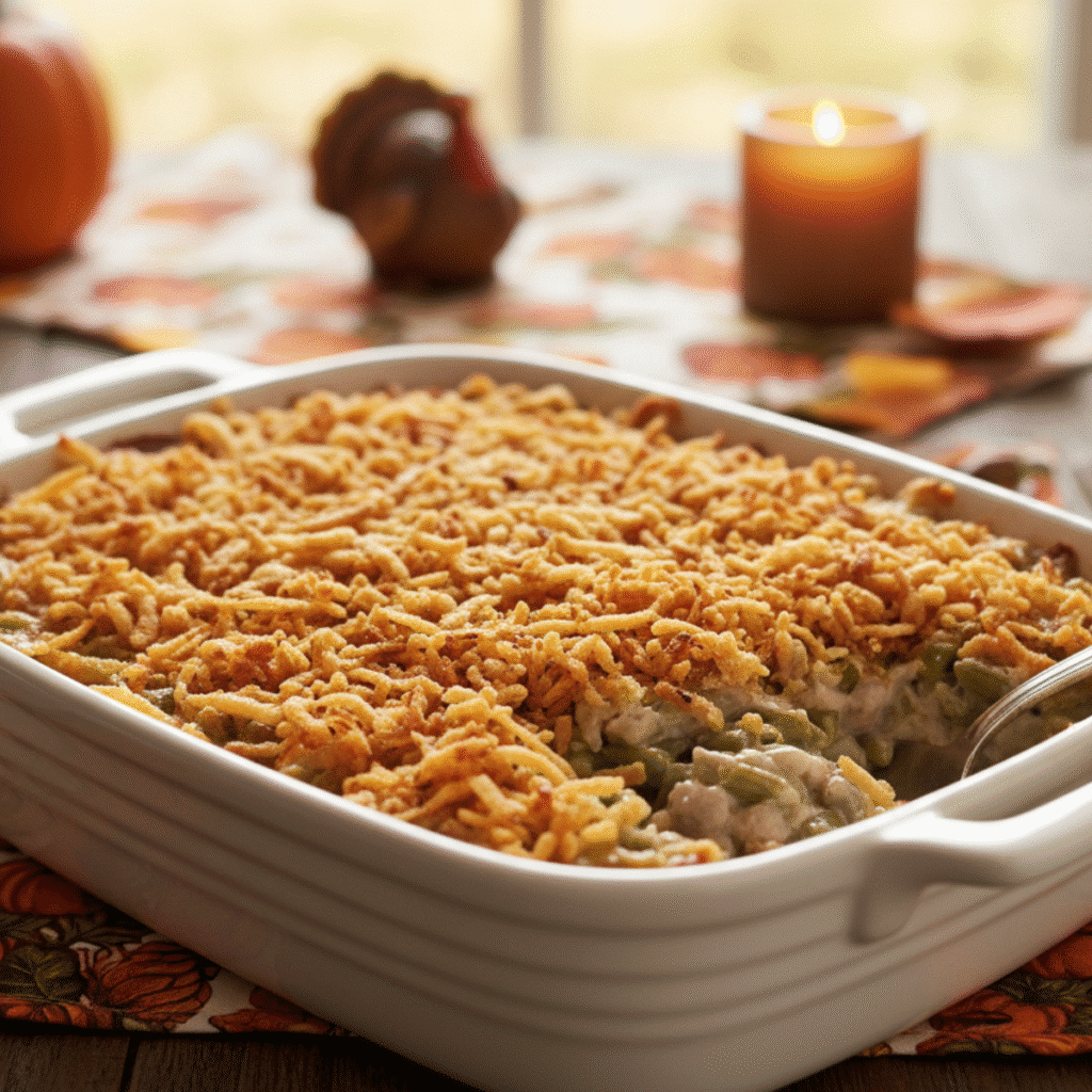 The Best Classic Green Bean Casserole Recipe 2 Classic holiday green bean casserole in a white baking dish with crispy fried onions, surrounded by cozy fall table decor.