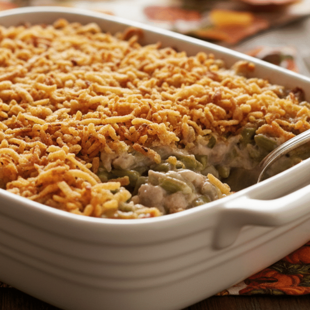 The Best Classic Green Bean Casserole Recipe 1 Classic green bean casserole recipe topped with crispy fried onions in a white baking dish.