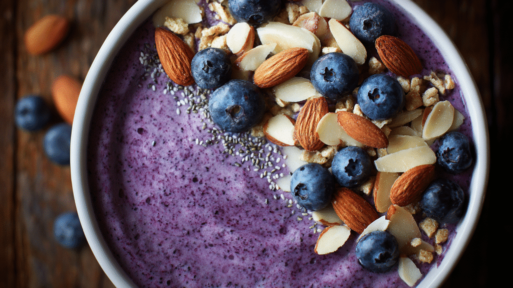 Blueberry Almond Protein Smoothie Bowl Recipe 1 A vibrant blueberry almond protein smoothie bowl topped with fresh blueberries, slivered almonds, and crunchy cereal.