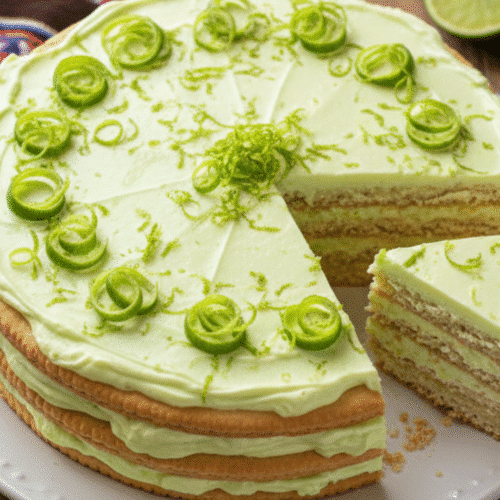 Traditional Mexican Desserts You Can Make at Home 2 Carlota de Limón, a traditional Mexican lime icebox cake, layered with Maria cookies and lime cream, garnished with lime zest curls on a white plate.