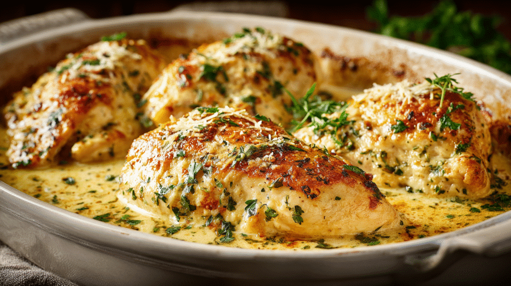 Creamy Baked Asiago Chicken: Easy Dinner Recipe 2 Creamy baked Asiago chicken breasts covered in creamy cheese sauce and sprinkled with fresh herbs in a white baking dish.