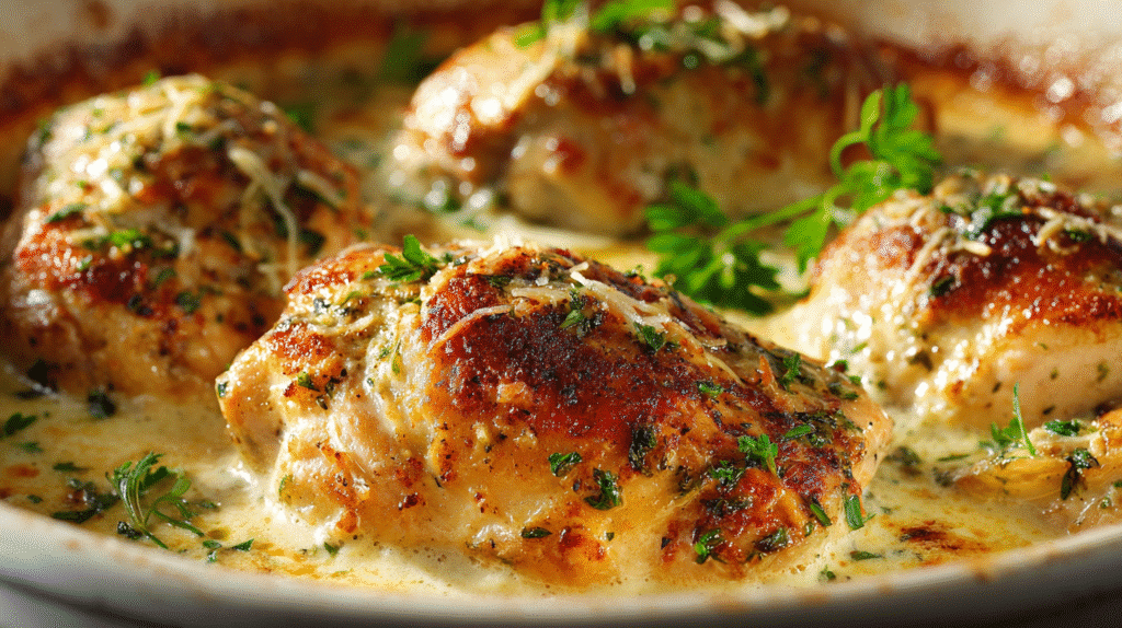 Creamy Baked Asiago Chicken: Easy Dinner Recipe 1 Juicy baked Asiago chicken breasts topped with melted cheese and fresh herbs in a creamy garlic sauce.
