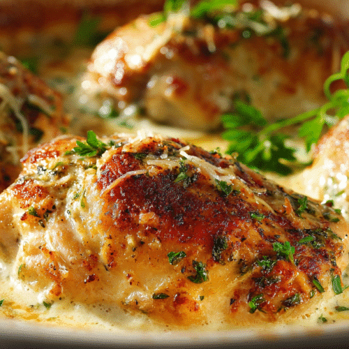 Creamy Baked Asiago Chicken: Easy Dinner Recipe 3 Juicy baked Asiago chicken breasts topped with melted cheese and fresh herbs in a creamy garlic sauce.