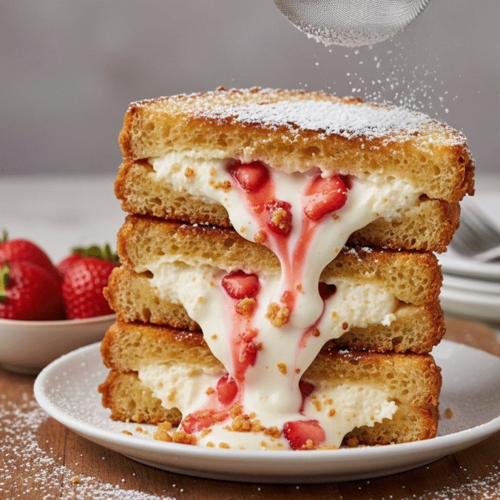 Crispy Fried Strawberry Cheesecake Sandwiches 1 Stacked crispy fried strawberry cheesecake sandwiches with golden bread, creamy cheesecake filling, and fresh strawberries oozing out, dusted with powdered sugar.