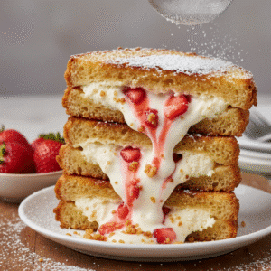 Crispy Fried Strawberry Cheesecake Sandwiches 2 Stacked crispy fried strawberry cheesecake sandwiches with golden bread, creamy cheesecake filling, and fresh strawberries oozing out, dusted with powdered sugar.